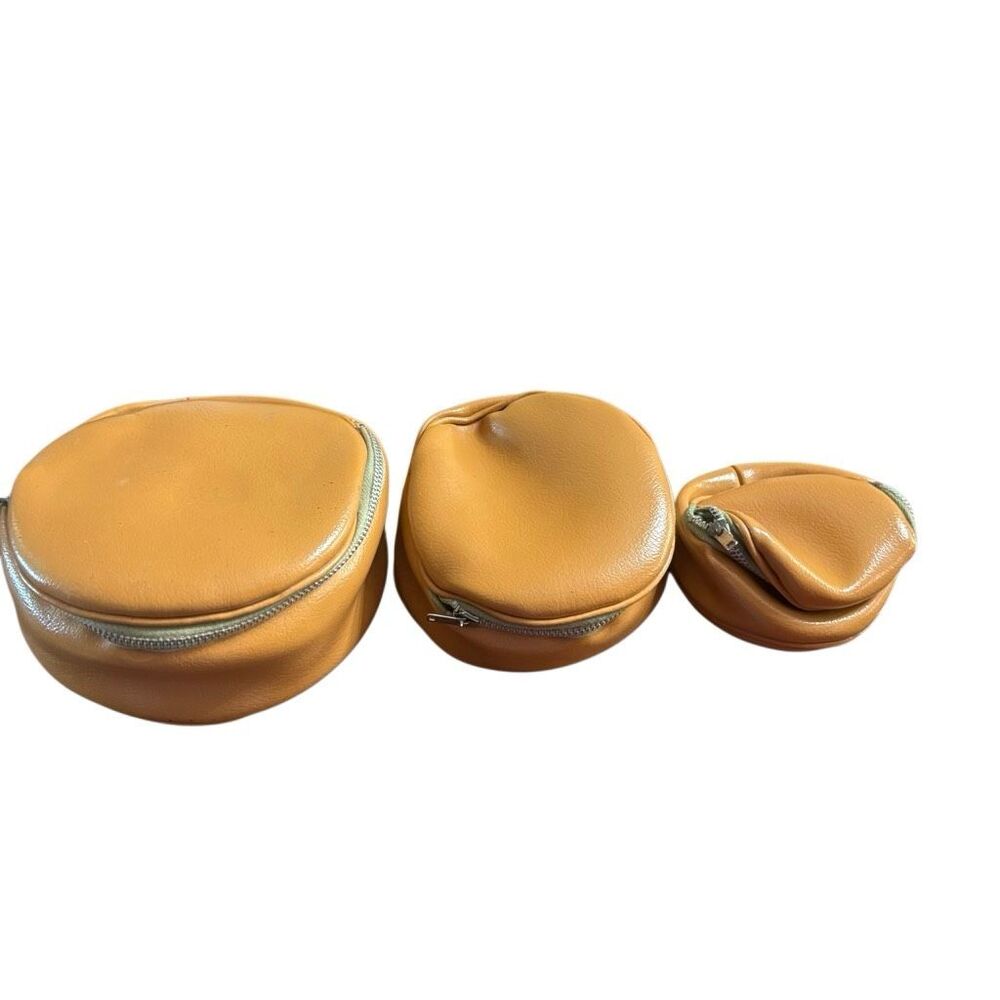 Vintage Nesting Zipper Pouches Set of 3 Tan Faux Leather Coin Purse Cosmetic